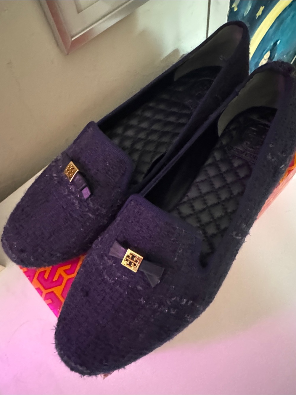 Tory Burch Navy Quilted Loafers with Gold Logo Accents